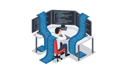 Overwhelmed coder surrounded by debugging code on multiple computer screens