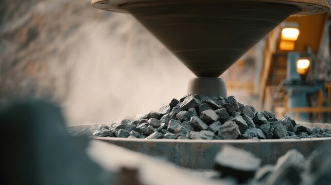 Medium shot of a cone crusher operating smoothly emphasizing the rotating cone and crushed ore flow while the surrounding machinery softly fades out of focus.