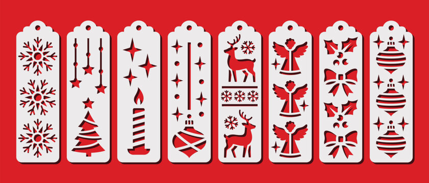 Decorative Christmas bookmarks. New Years and Xmas laser cut template. Bookmark stencil for paper, wood and metal cutting. Vector design with winter holidays pattern