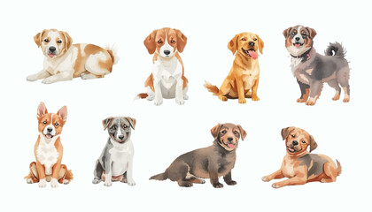 A charming collection of watercolor paintings featuring a variety of adorable dogs in different poses