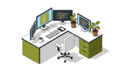 Modern isometric office workspace with multiple computer screens and plants