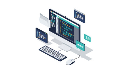 Isometric computer workspace with coding interface and floating elements for technology design