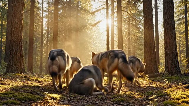 Wolf pack reunites with joyful greetings in sunlit forest