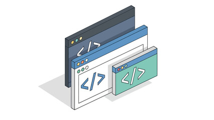 Isometric browser windows with code icons representing web development