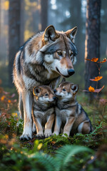Obraz premium Majestic adult wolf stands protectively over two adorable curious wolf pups in a sunlit forest clearing