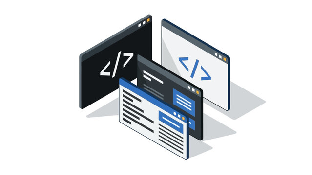 Isometric code editor windows with programming symbols for developer projects