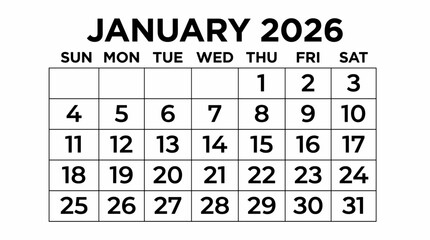January 2026 Monthly Calendar Grid Minimalist Black and White Template