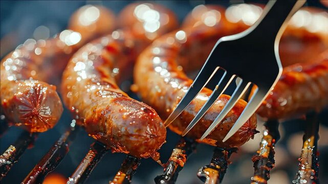 Close-up of cooked sausages on grill.