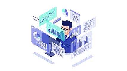 Isometric business analyst with financial data and digital charts