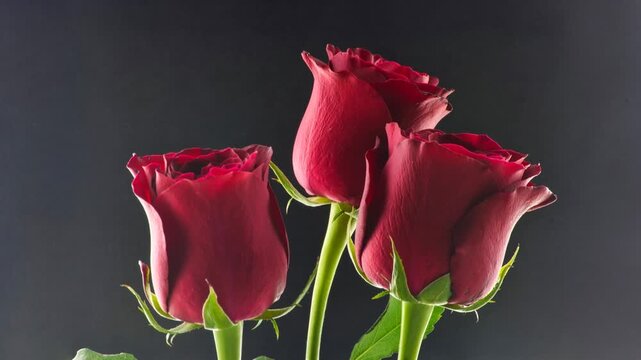 The petals of red roses are blooming, camera static