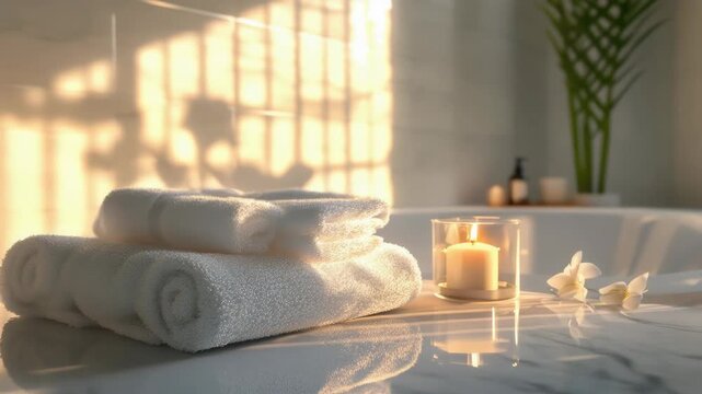 A luxurious bathroom setting featuring neatly stacked towels and a small candle on the counter.