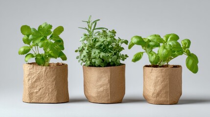 Fototapeta premium Fresh Herbs Grow in Recycled Paper Pots in a Central Space With Minimal Background and Ample Negative Space for Focus and Clarity