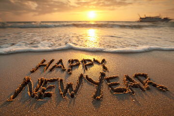 Happy New Year's Eve Written in Bold Calligraphy into Wet Sand Close-Up with Golden Peach Glow and Tide Approaching &ndash; ideal for seasonal promotions