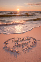 Holiday Hope Hand-Carved into Wet Sand with Glowing Sun Above Waves and Clean Serene Pastel Peach Atmosphere &ndash; great for seasonal wall art