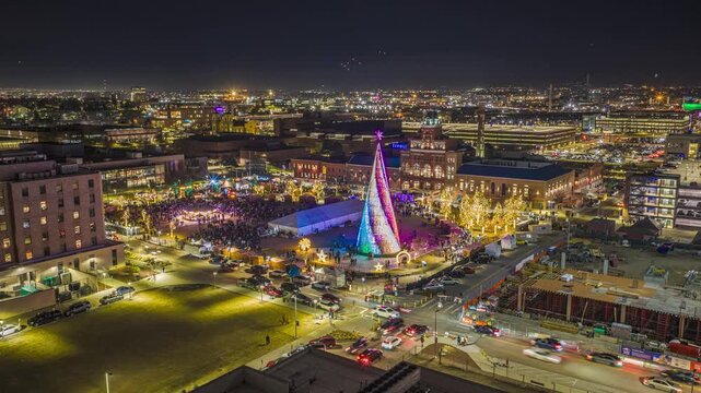 Aerial night view hyperlapse of Christmas market and drone show Denver Colorado 4K