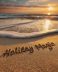 Holiday Magic Crisp Well-Defined Writing in Sand with Clear Letter Separation, Soft Wave and Warm Golden-Hour Sun &ndash; good for banner design