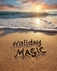 Holiday Magic Crisp Well-Defined Sand Writing with Clear Letters, Soft Wave and Warm Golden-Hour Sun in Dreamy Sky &ndash; perfect for inspirational wall art