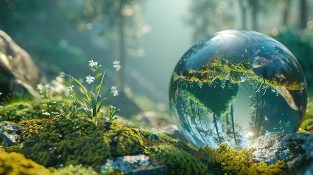 A surreal spherical garden floating in a misty forest.