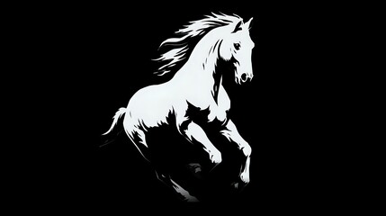 White horse silhouette rearing up with flowing mane on black background. Isolated design element for logos, tattoos, and graphic projects.
