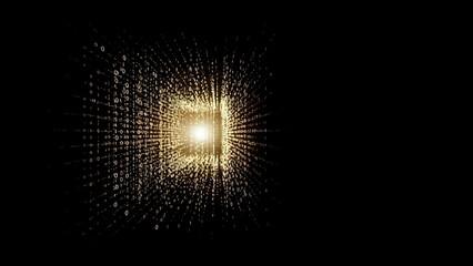 Golden particle explosion radiating from bright center core on black background. Digital light burst effect for technology presentations and futuristic designs.