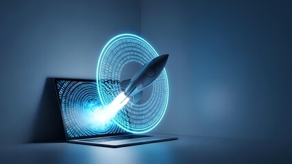 Futuristic rocket launching from laptop screen with glowing blue holographic circles representing digital innovation and space technology startup concepts.