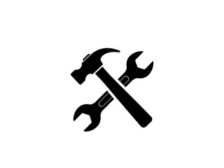Black hammer and wrench tools crossed in X formation on white background. Maintenance repair service symbol isolated for logos and designs.
