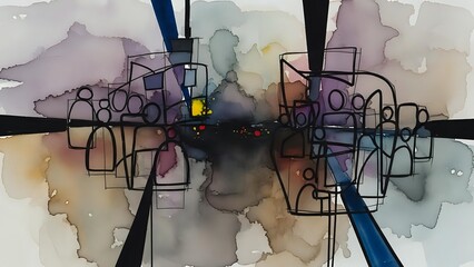 Abstract watercolor composition with geometric line art and colorful paint splatters on white background for modern design projects.