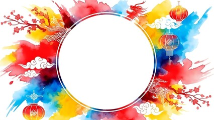 Vibrant watercolor splash frame with Asian lanterns and cherry blossoms creating colorful border around white circular space for text or design elements.