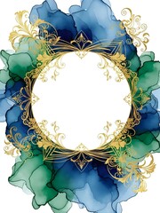 Elegant watercolor frame with gold ornate border on blue and green floral background for wedding invitations, greeting cards and luxury design projects.