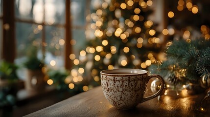 Cozy winter morning with steaming coffee cup near decorated Christmas tree with warm golden lights creating festive holiday atmosphere at home.