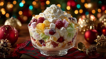 Festive holiday trifle dessert with layers of cream, fresh berries and cake in glass bowl surrounded by ornaments and warm bokeh lights for seasonal celebrations.