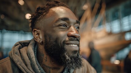 Young African American man with beard smiling warmly in modern urban setting. Casual hoodie style portrait showing genuine happiness and positive energy.