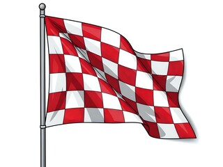 Red and white checkered racing flag waving on flagpole isolated on transparent background for motorsport events and competitions.
