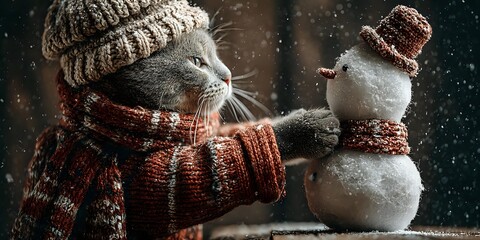 Adorable gray cat wearing knitted winter hat and scarf playing with small snowman during magical snowfall on wooden surface.