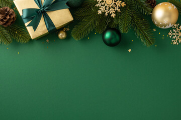 A festive holiday scene featuring a gold gift box with green ribbon, pine branches, ornaments and golden snowflakes on a green background