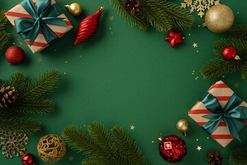Fototapeta premium Festive Christmas and New Year scene with wrapped gifts, ornaments, pine branches, and a rich green backdrop ideal for holiday cards, promotions, and seasonal banners