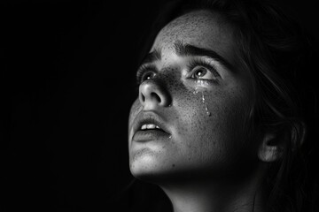 Fototapeta premium Emotional Monochrome Portrait of Young Girl Looking Up with Tear on Cheek.