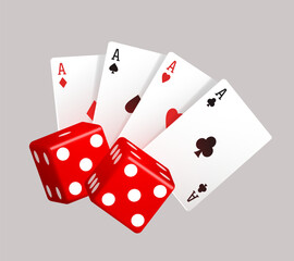 Fan of cards and two red dice. Casino illustration.  Vector illustration