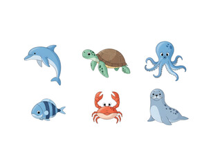 Collection of six cute marine animal icons including a dolphin, sea turtle, octopus, fish, crab, and seal, perfect for educational or decorative purposes