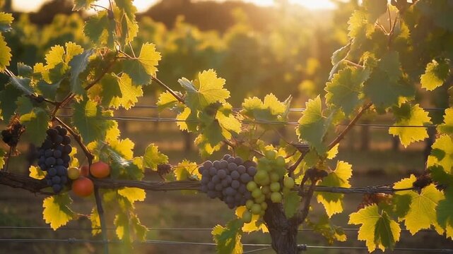 Golden sunset illuminates ripe grapes on the vine at a vineyard, showcasing the beauty of agriculture and nature's bounty