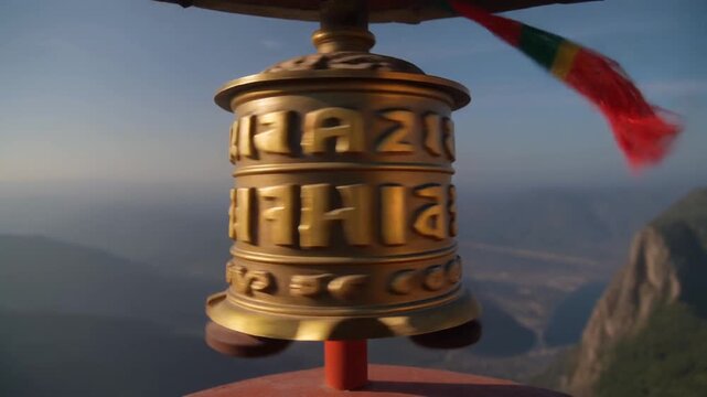 Sacred Tibetan prayer wheel spinning on a mountain peak in a serene landscape, promoting spiritual reflection and meditation practices