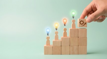 Conceptual visualization of innovative ideas and strategic development driving business growth, team success, and career advancement through progressive illuminated steps and collaborative effort