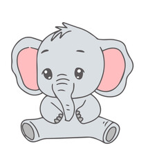Naklejka premium Adorable cartoon baby elephant character sitting with big pink ears and expressive eyes, a charming illustration perfect for children's books, nursery decor, and playful animal-themed designs