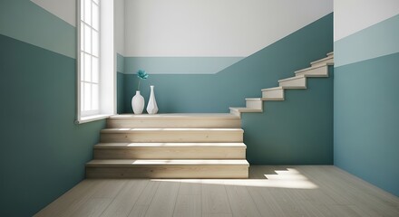 Serene staircase scene with minimalist decor and soothing color palette