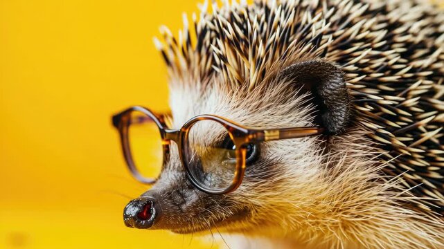 A cute hedgehog wearing eyeglasses with a pink nose and black spines.