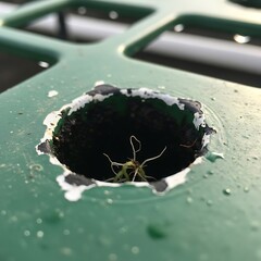 Sprout emerging from a repurposed garden pot, a symbol of resilience