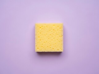 Square yellow cleaning sponge against soft pastel purple background
