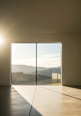 Sunlit modern minimalist interior, nature view through large window panels