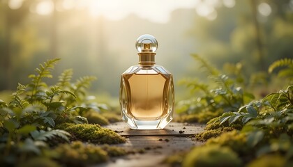 Elegant golden perfume bottle rests on mossy wood bathed in soft, ethereal morning sunlight outdoors