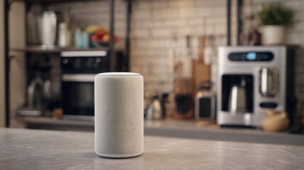 Medium shot of a smart speaker acting as a central voice command unit prominently in focus with an outoffocus kitchen featuring connected smart appliances beyond.